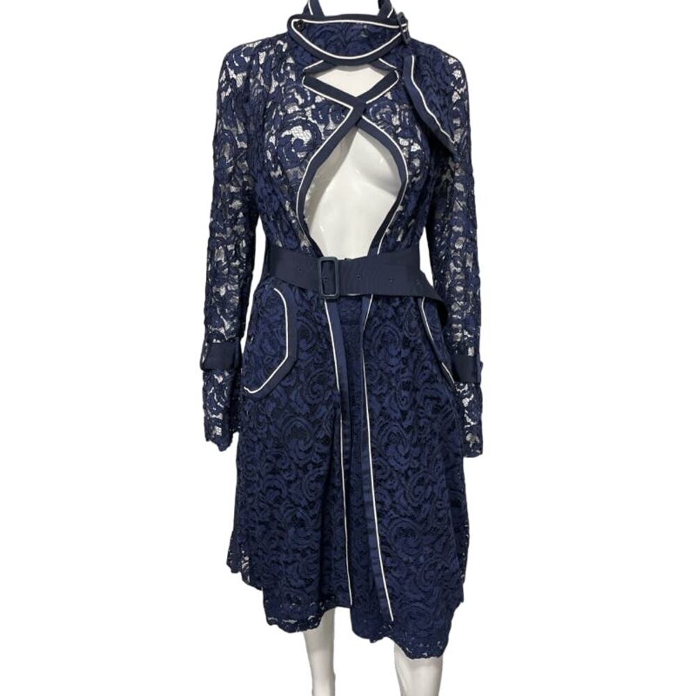 SACAI Blue Lace Leather Grosgrain Trench Coat Button Accent Pleated Skirt Set S